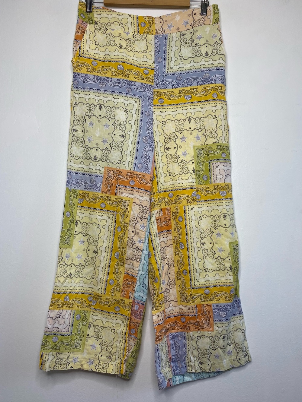 Rachel Zoe Linen blend Paisley patchwork Pants Size XL Cropped Wide leg